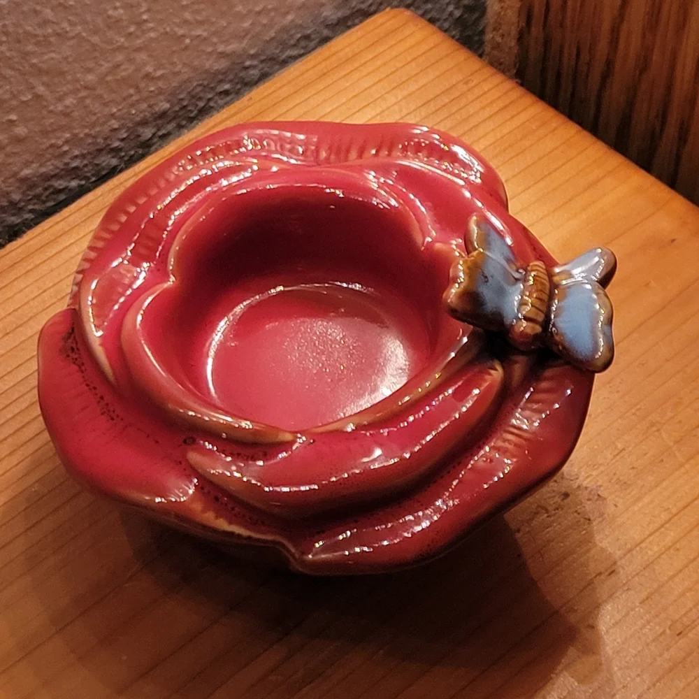 Vtg Ceramic Butterfly Flower Votive Candle Holder Removable Inner Ceramic Liner